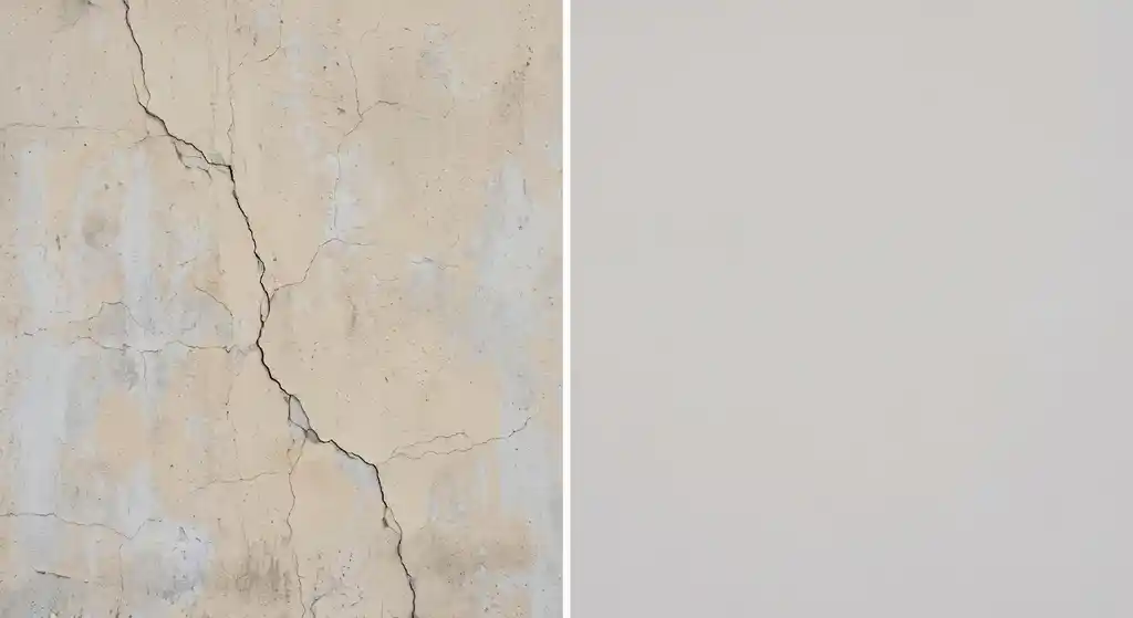 مقارنة قبل وبعد ترميم جدار منزل قديم
